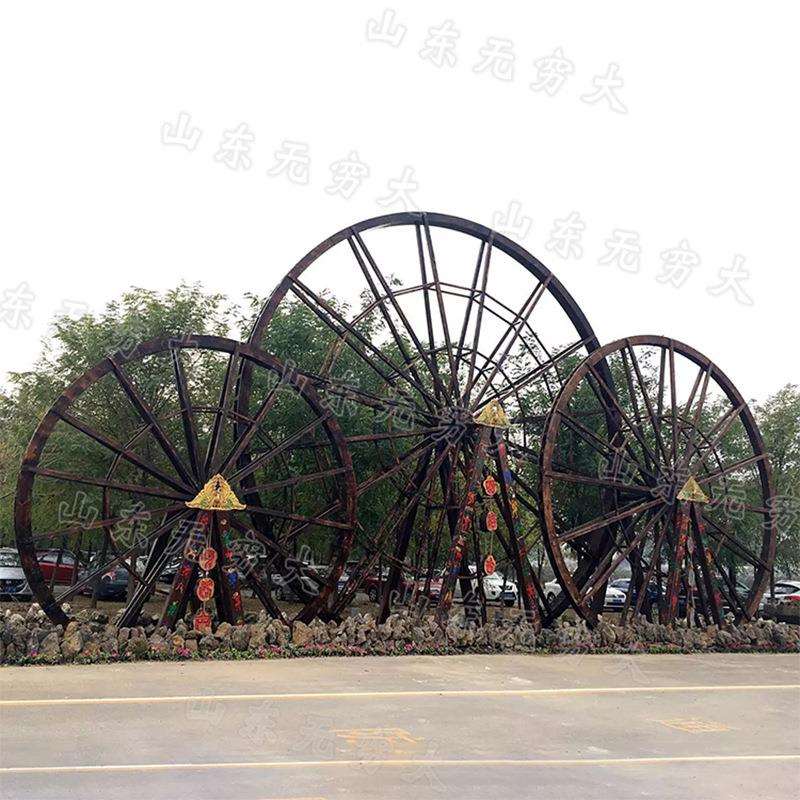 现货户外钢木结构旋转筒车农庄景区大型子母水车群景观落地摆件