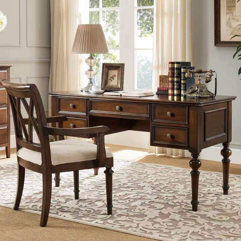 美式乡村全实木书桌台式电脑桌家用办公桌椅组合胡桃色写字台实用