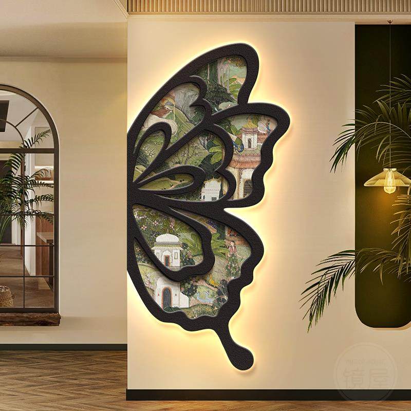 法式中古风玄关装饰画蝴蝶宋代美学壁灯客厅挂画复古入户走廊壁画