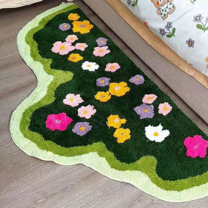 小清新花卉簇绒地毯隔凉防滑卧室床边地垫耐脏吸水植绒客厅沙发毯