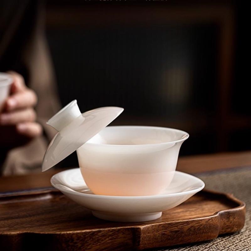 德化璞玉白瓷茶碗陶瓷羊脂玉三才盖碗悬停温润超透茶具商务纪念品