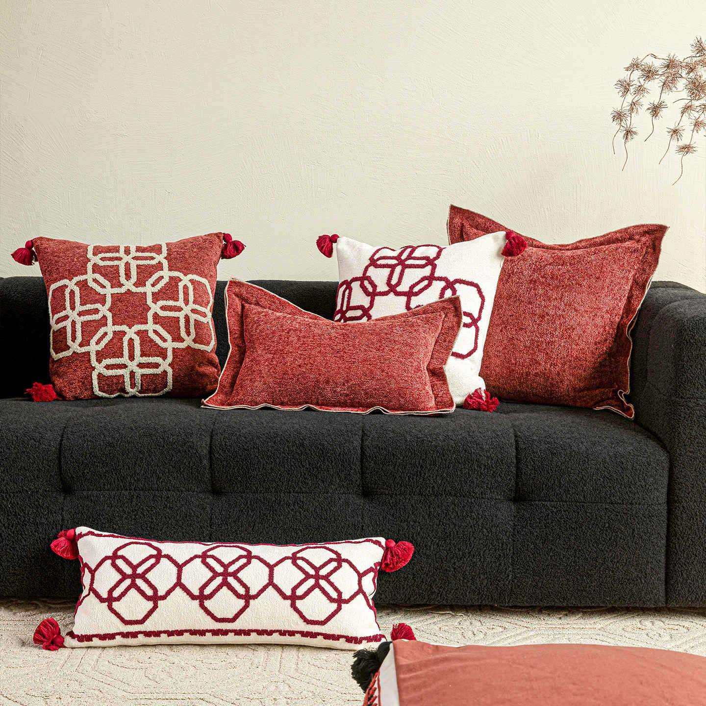 红色几何毛巾绣抱枕套国风中式客厅沙发靠垫乔迁结婚节日喜庆腰枕,电子元器件市场,其它元器件,淘宝优惠券,粉丝福利购,淘宝优惠卷