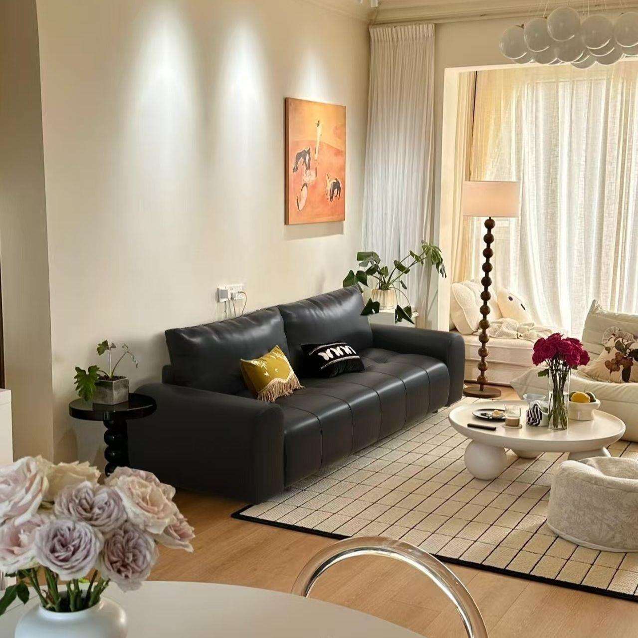 黑色皮艺沙发家用客厅意式极简轻奢复古小户型公寓会议直排沙发