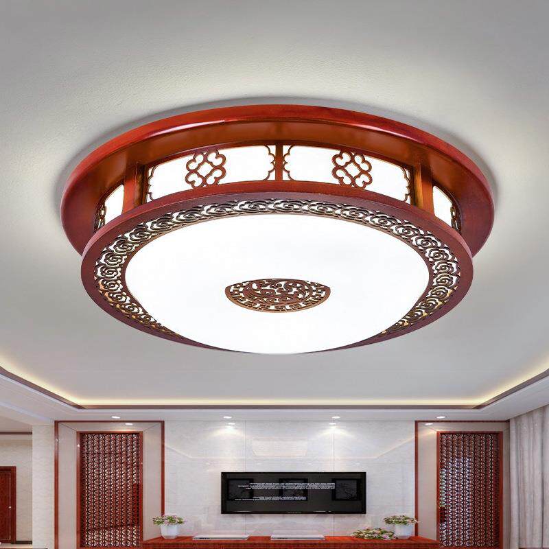 中式吸顶灯led实木卧室灯仿古圆形橡木书房走廊阳台灯具灯饰