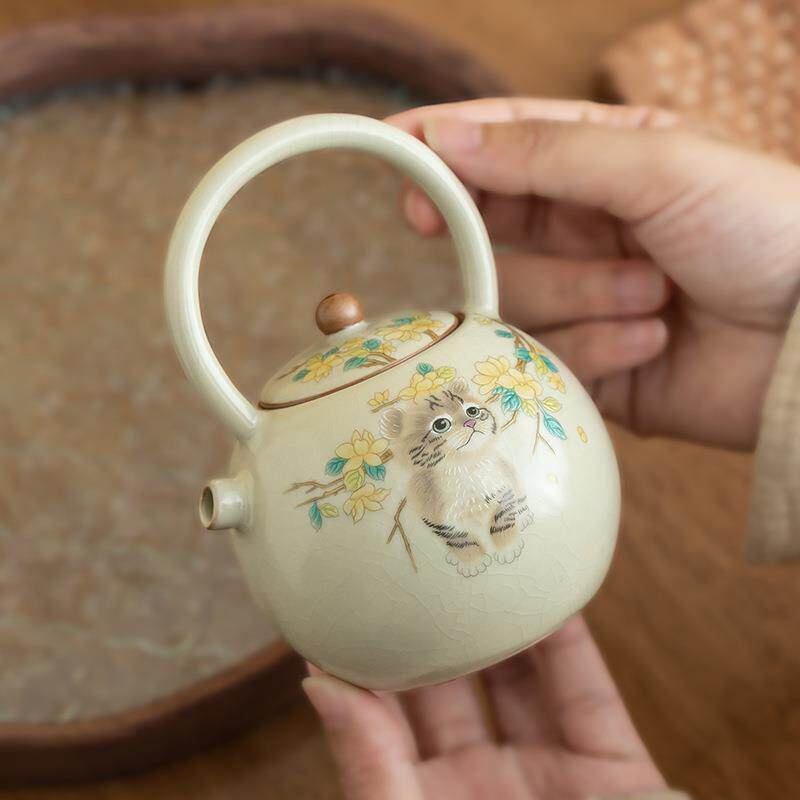 米黄汝窑萌猫汲泉提梁壶茶具套装家用泡茶小茶壶单壶陶瓷开片可养