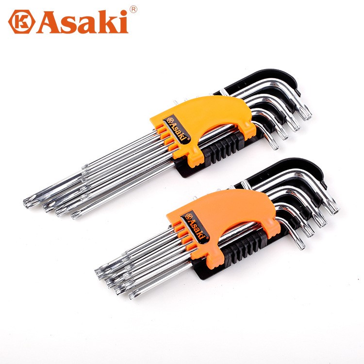 ASAKI 镜面9件套加长星型梅花内六角 L型梅花扳手 T花角六角匙棒