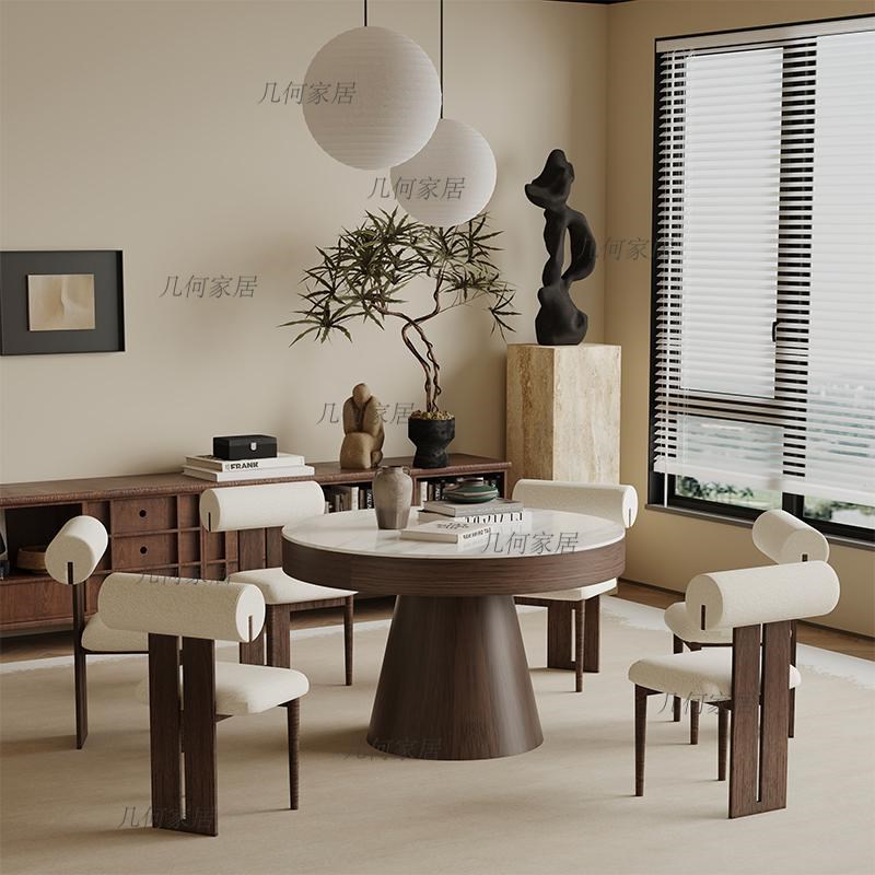 复古岩板旋转伸缩圆形餐桌带转盘变径餐桌家用小户型多功能圆桌