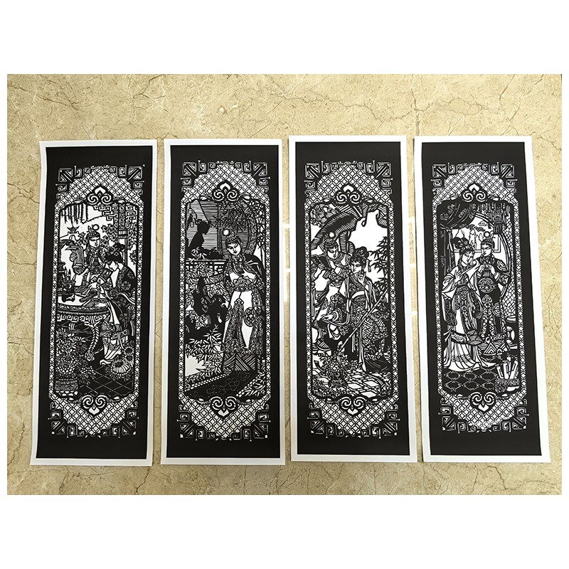 红楼梦四条屏人物剪纸打印底w稿刻纸图案剪纸半成品模板图样打印