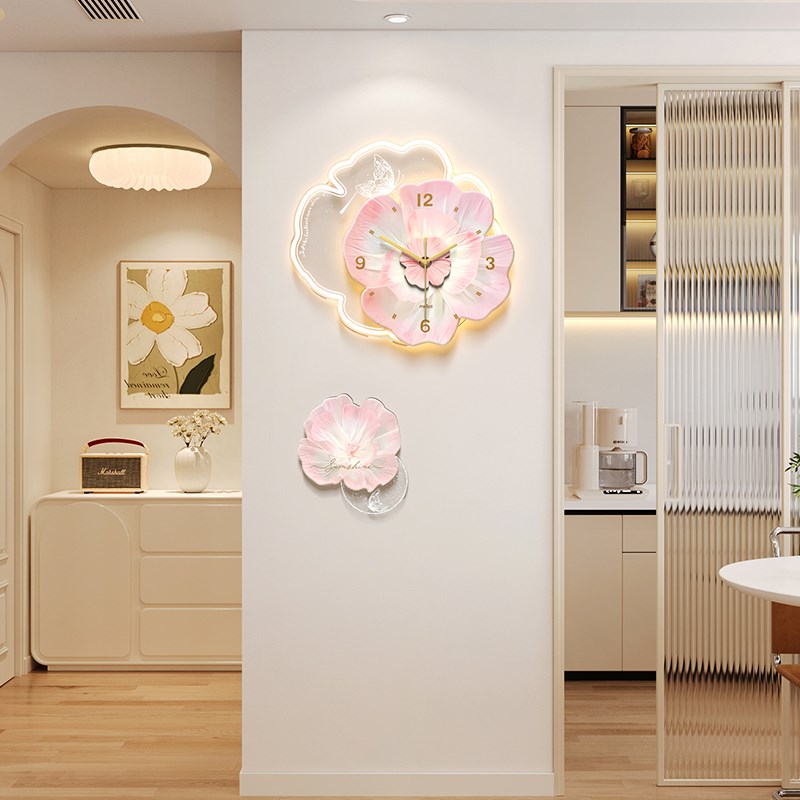 花朵玄关b画2024年新款高端现代餐厅装饰挂钟表沙发背景时钟壁灯