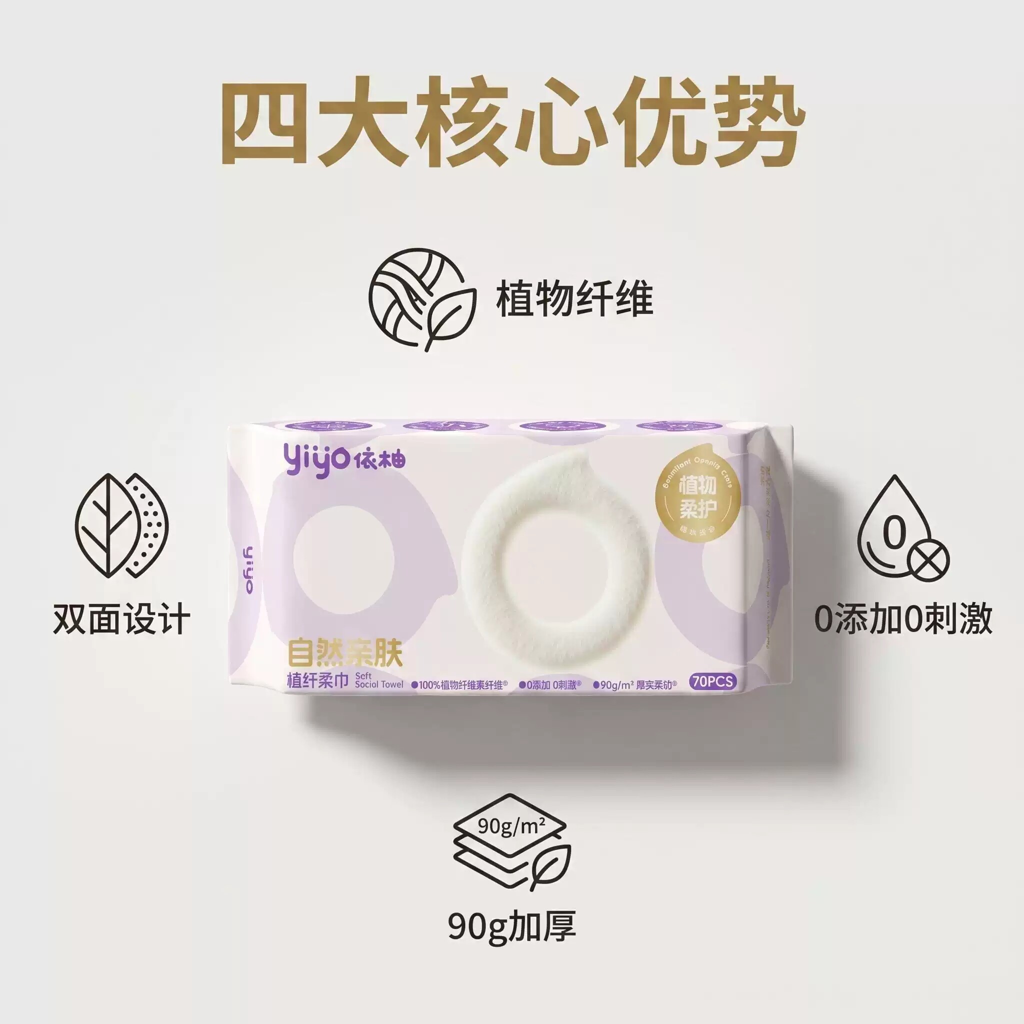 依柚紫色焕颜系列70片珍珠纹加厚款洁面美容卸妆两用洗脸巾图片