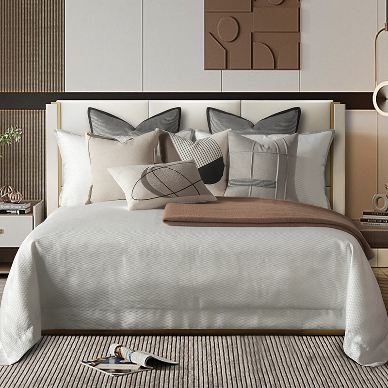 现代极简样板间床品棕咖色系高端样板房床上用品家具展厅床品搭配