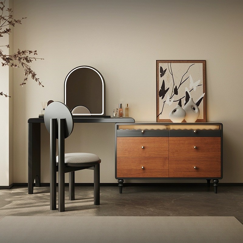 法式中古风梳妆台斗柜一体卧室轻奢高级感化妆桌带灯玻璃面收纳柜