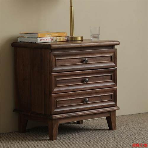 美式实木床头柜黑胡桃木床边柜小储物柜现代简约收纳柜中古卧室家