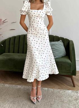 Floral square neck short sleeved dress碎花方领短袖连衣裙女士