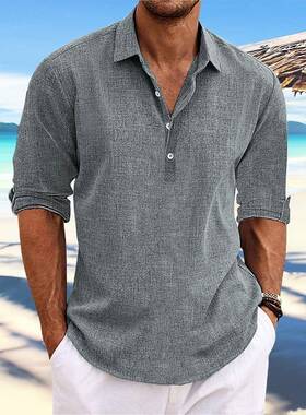 Solid color linen long-sleeved shirt日系大码纯色亚麻长袖衬衫