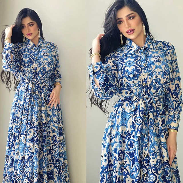 New Muslim Women's Lapel Printed Long Sleeve Dress with