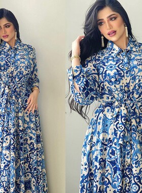 New Muslim Women's Lapel Printed Long Sleeve Dress with