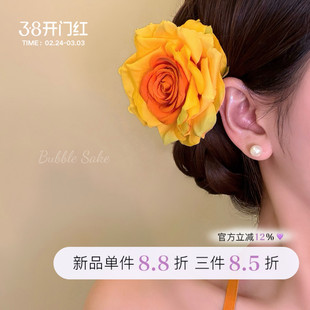 【原创】骄阳玫瑰 黄色玫瑰花发夹女侧边夹头花海边度假拍照发饰