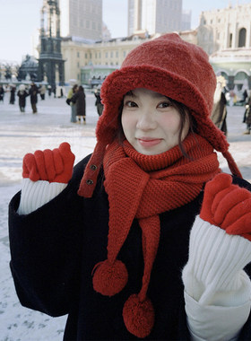 青梅同款新年红色毛球针织围巾女冬季氛围感加厚保暖显白围脖披肩