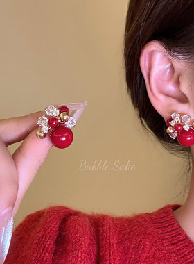 冬日实搭 新年红色珍珠耳钉轻奢高级感气质过年巨好看显白耳饰女