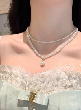 法式复古珍珠双层项链小米珠配饰