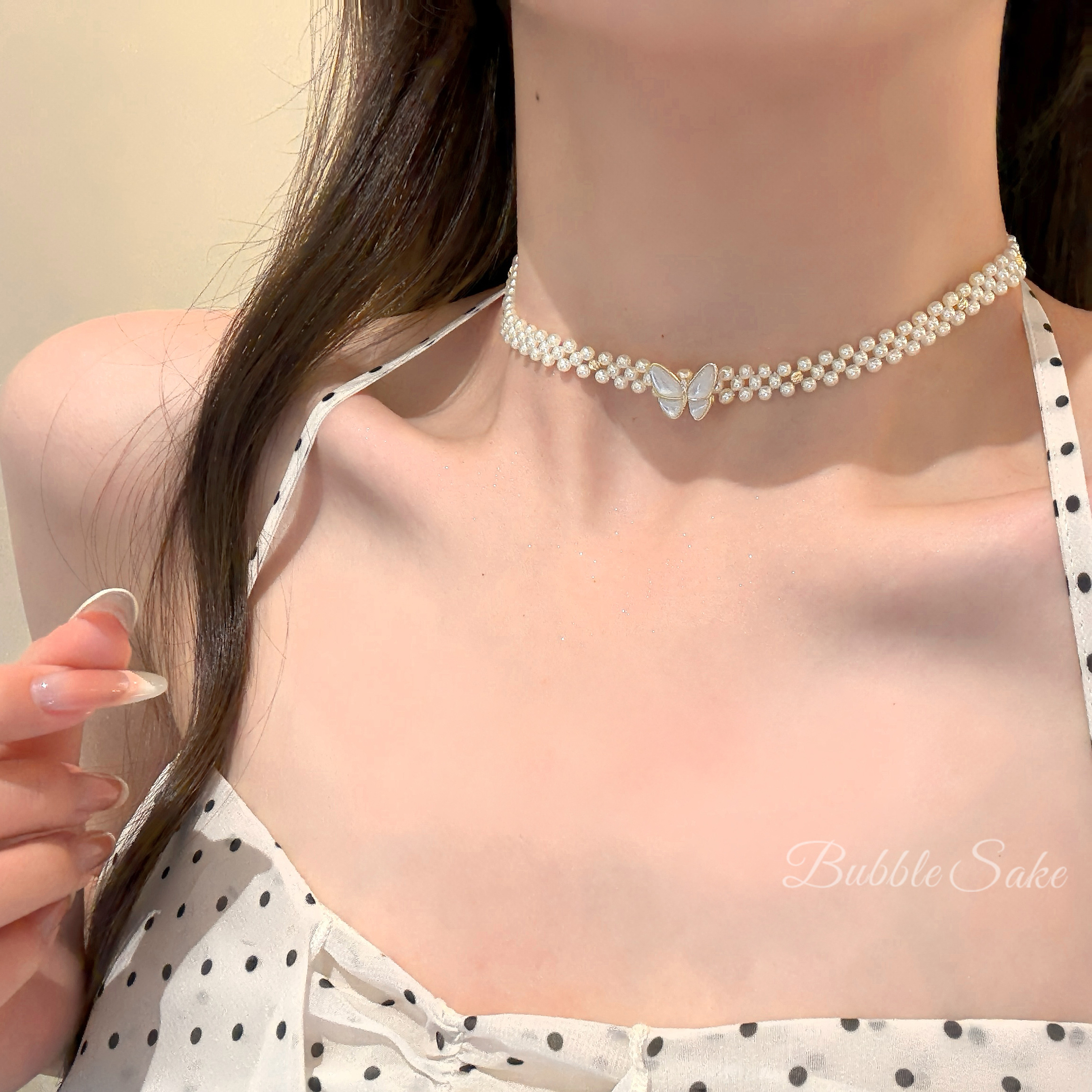 欲感拿捏贝母蝴蝶多层珍珠项链