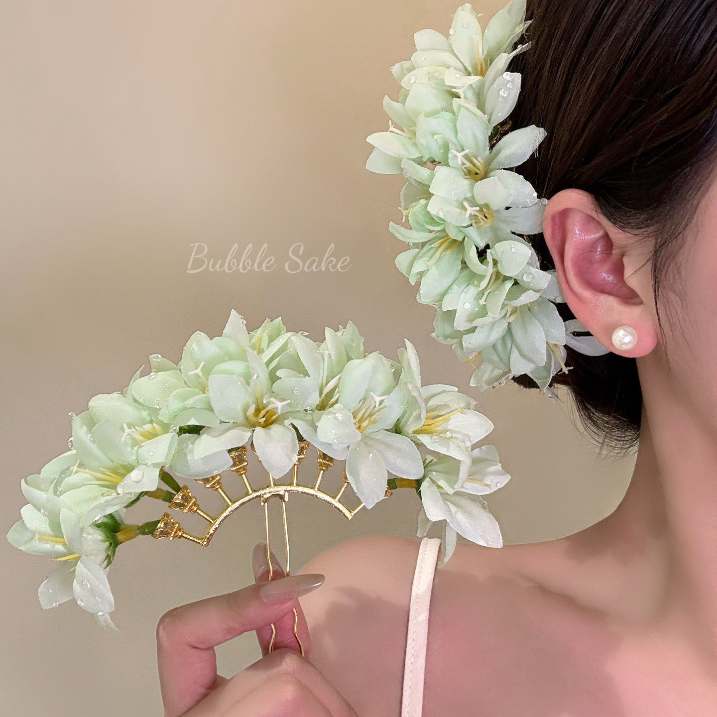【原创】晨露青柠 绿色花朵发簪发钗女海边度假风侧边夹头花发饰
