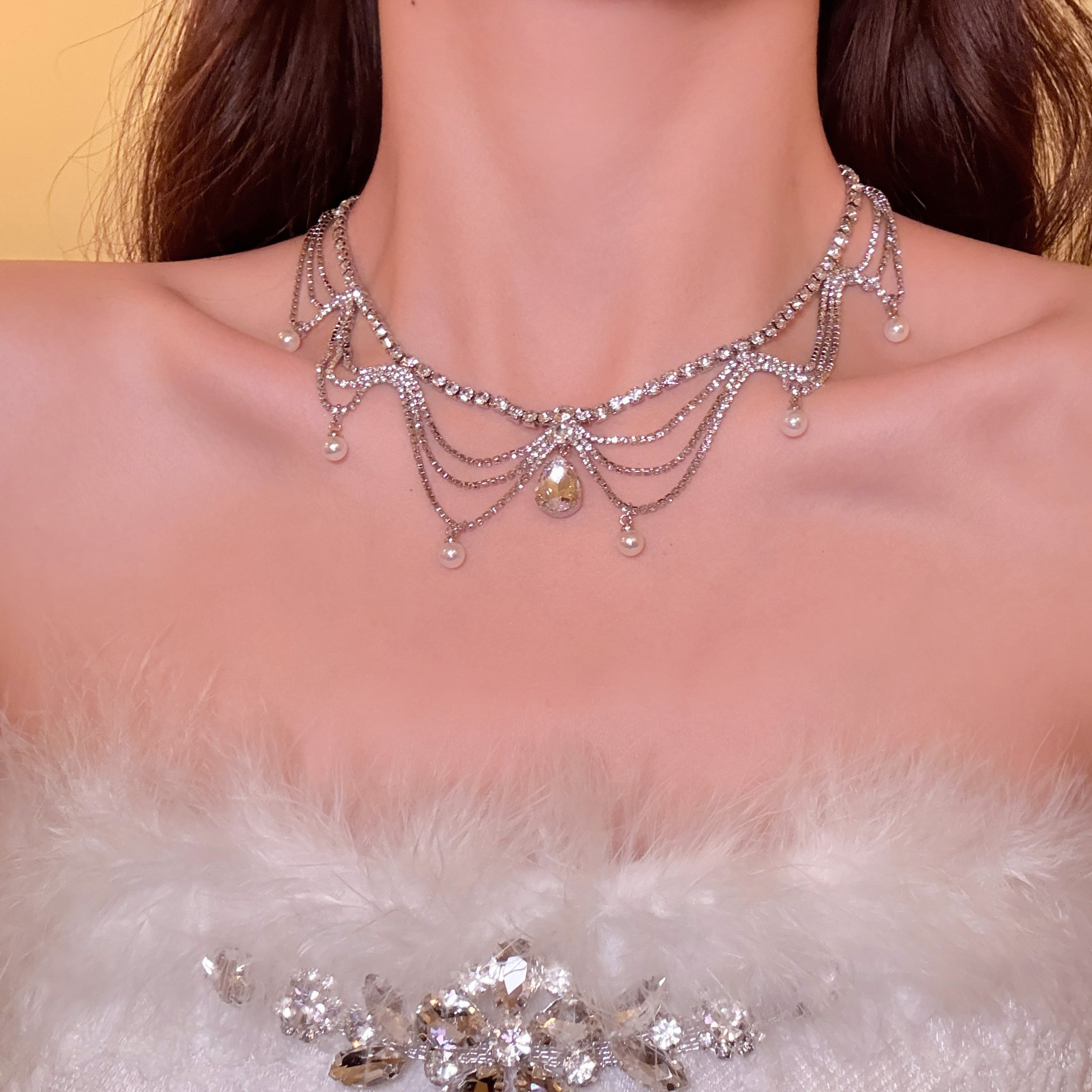顶流千金 超闪银色水滴珍珠项链女轻奢高级晚礼服锁骨链颈链配饰,饰品/流行首饰/时尚饰品新,项链,淘宝优惠券,粉丝福利购,淘宝优惠卷