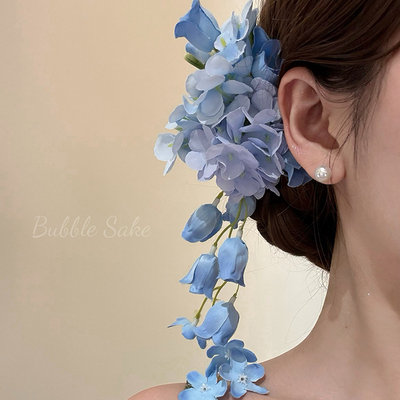 蓝色静谧超仙铃兰花流苏发夹