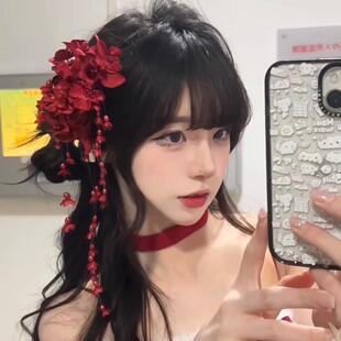 新中式酒红色铃兰花流苏发夹超仙仿真花头饰氛围感边夹新娘发饰