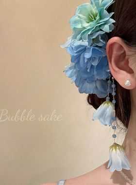 原创【袅袅江南】新中式超仙蓝色花朵发夹侧边夹发卡度假古风发饰
