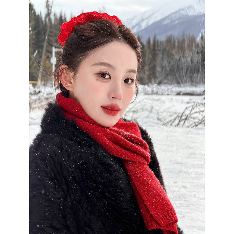 阿勒泰的冬  新年红色毛线针织围巾女氛围感加厚保暖显白围脖披肩