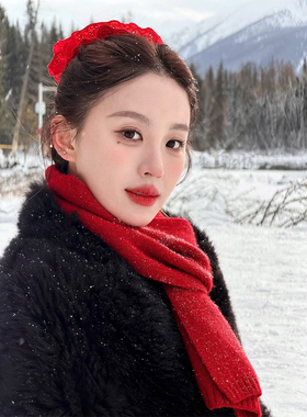 阿勒泰的冬  新年红色毛线针织围巾女氛围感加厚保暖显白围脖披肩