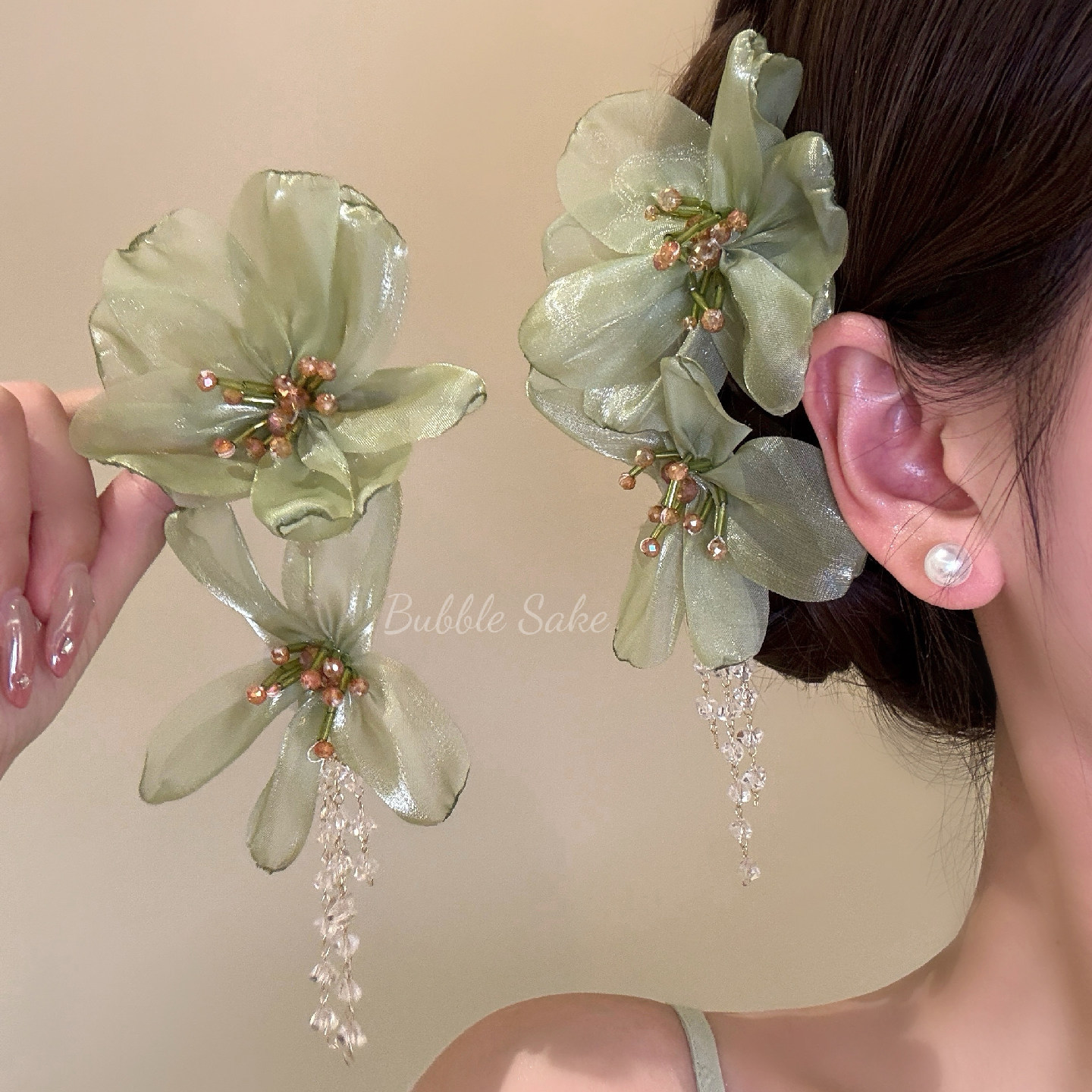 【原创】轻氧柔光 超仙花朵流苏发夹女侧边夹头花海边度假风发饰