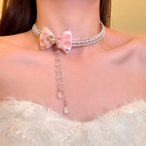 公主派对闪锆蝴蝶结珍珠项链