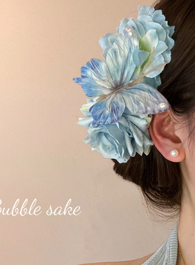 Bubble Sake浪漫碎冰蓝~蓝色玫瑰花蝴蝶发夹2025早春新款发饰头饰