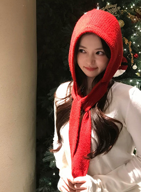 圣诞小红帽 红色巴拉克拉法帽女秋冬季保暖针织毛绒帽子围巾一体