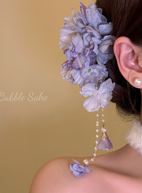 紫雾絮语 新中式紫色花朵流苏发夹女侧边夹头花汉服旗袍头饰发饰
