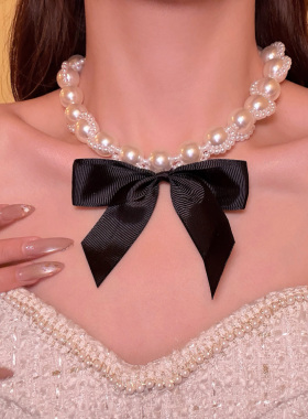 富家小女蝴蝶结珍珠choker