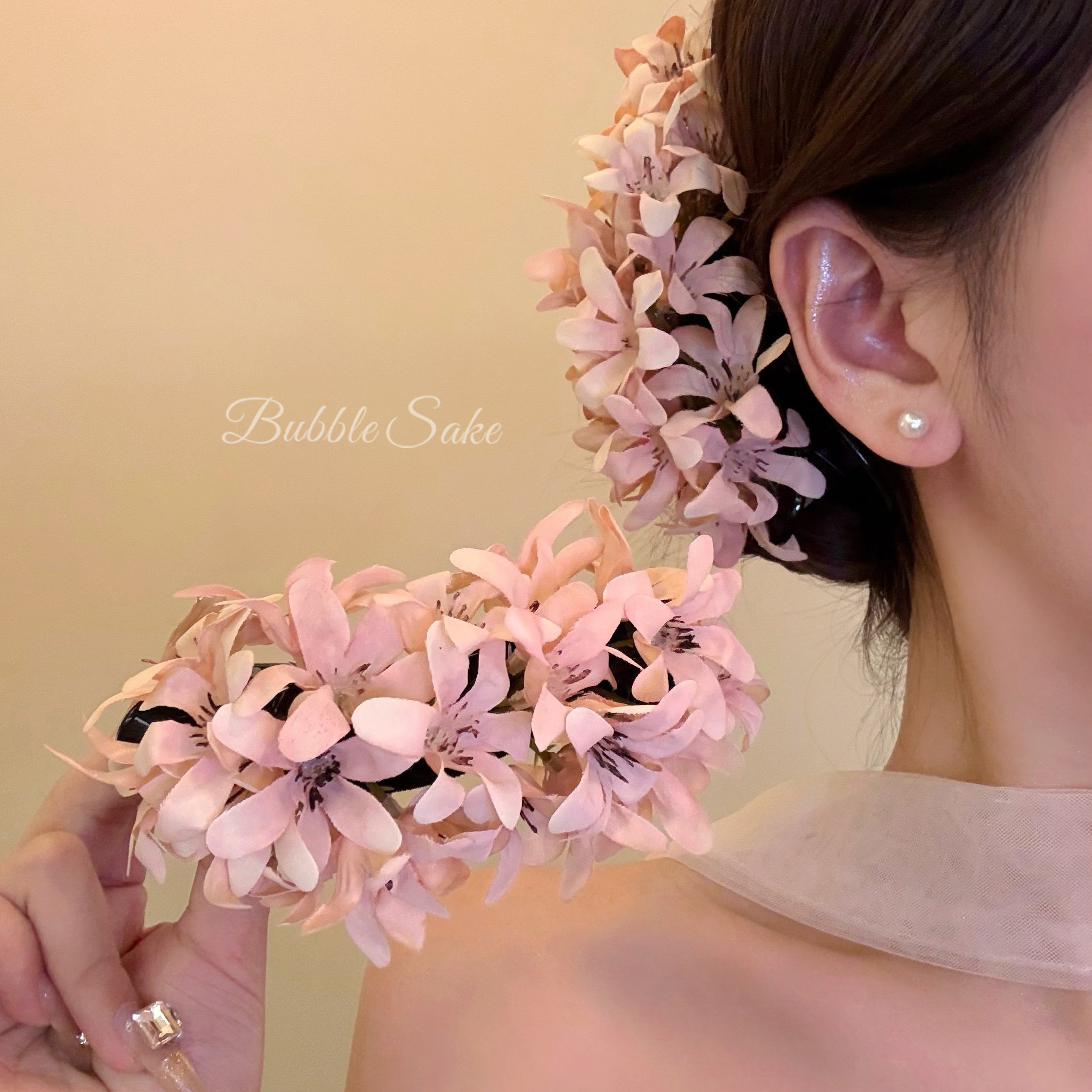 【原创】美神悸动 超仙粉色花朵发夹女古风侧边夹发卡头花香蕉夹