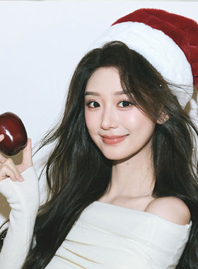 圣诞节红色毛绒圣诞帽子女秋冬保暖可爱氛围感拍照道具装扮头饰