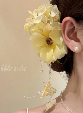 夏日柔光 超仙黄色芙蓉花流苏发夹女高级感侧边夹后脑勺头花发饰