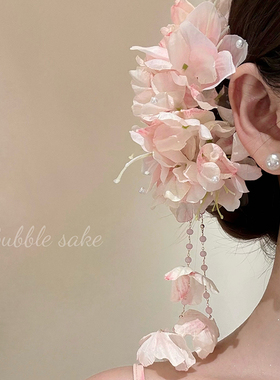 原创【海棠依旧】唯美粉色花朵流苏发夹女夏季度假拍照氛围感发饰