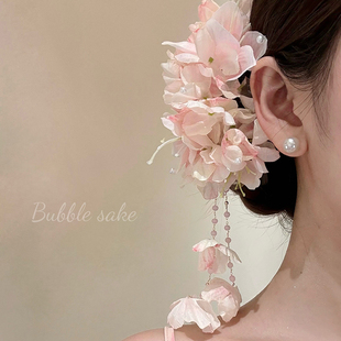 原创【海棠依旧】唯美粉色花朵流苏发夹女夏季度假拍照氛围感发饰