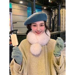 冰雪奇缘 千金感仿狐狸毛双面雪球围巾女秋冬季保暖毛毛围脖披肩