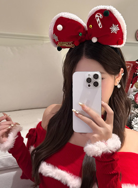 圣诞节可爱红色丝绒蝴蝶结圣诞发箍氛围感cos拍照道具装扮头饰品