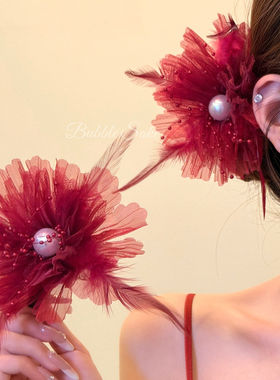 馥郁酒红 超仙红色花朵羽毛发夹女新中式古风汉服侧边夹发卡发饰