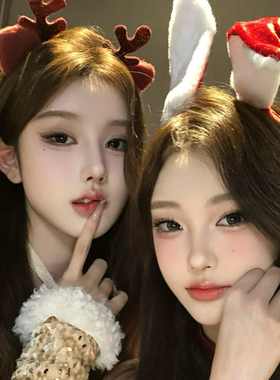 圣诞双星 可爱红色鹿角兔耳毛绒发箍拍照道具节日氛围感装扮发饰