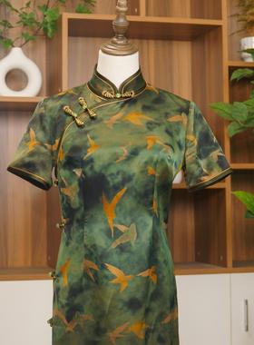 SY009飞燕香云纱旗袍女款舒适时尚绿色春夏款礼服长旗袍