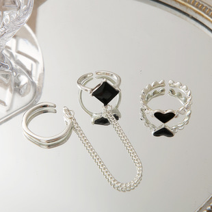 female chain Rings black Punk rock ring set 小众时尚链条指环